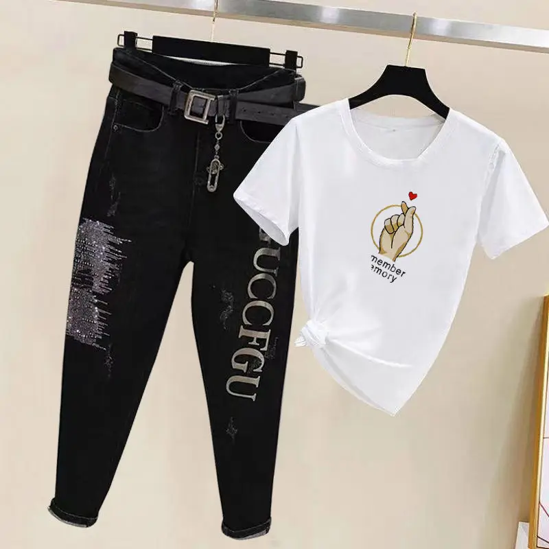 Spring/Summer 2023 New Letter Loose Slim Small Feet Haren Pants+Fashion Korean Short Sleeve T-shirt Jeans Two Piece Set