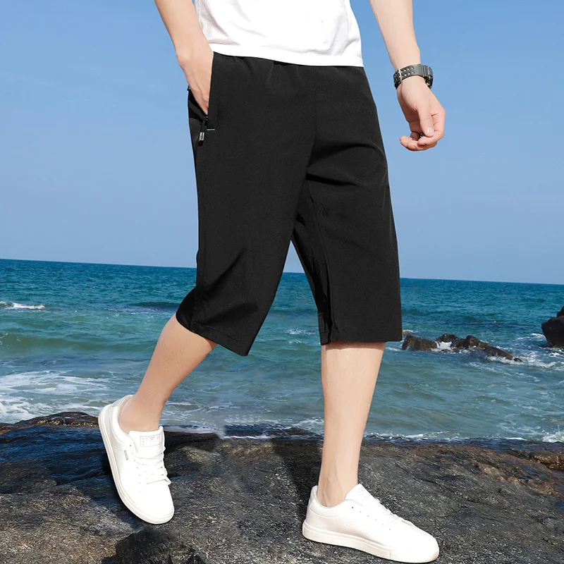 Summer New Solid Color Fashion Elastic Waist Straight Pants Men High Street Pockets Quick Drying All-match Calf-Length Pants