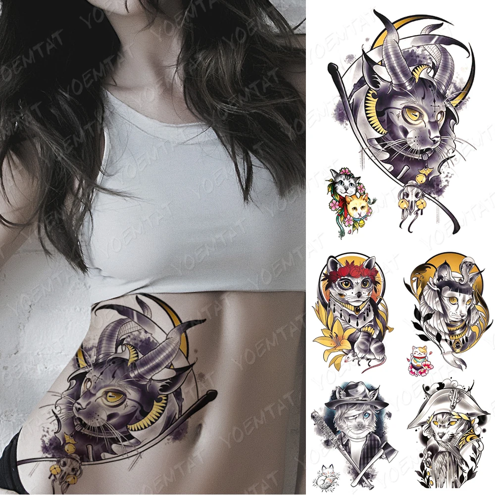 

Sexy Cute Waterproof Temporary Tattoo Stickers Colorful Tribal Cat Moon Body Art 3D Fake Tatto Men Women Waist Flash Tattoos