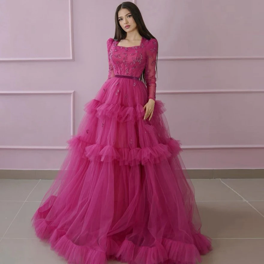 

Elegant Hot Pink Fuchsia Party Dresses Handmade Beading Ruffles Sheer Long Sleeve Prom Tulle Dress Formal Gowns Robes de soirée