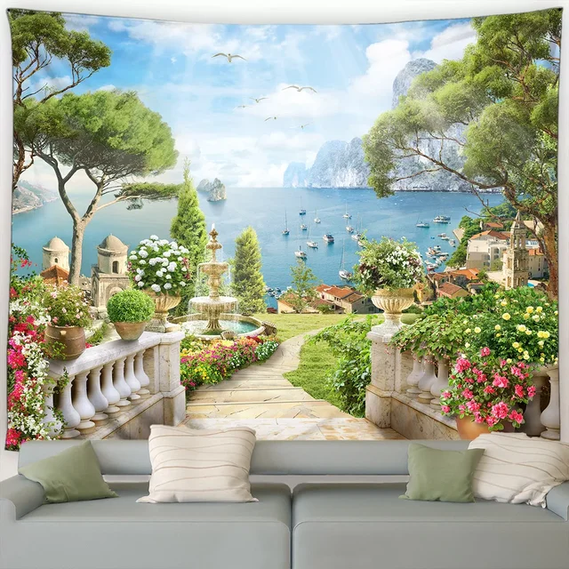 Tapisserie de paysage de bord de mer, fleurs roses, plantes, arbres, Style européen, paysage d'océan, décoration murale suspendue pour la maison et le salon 3