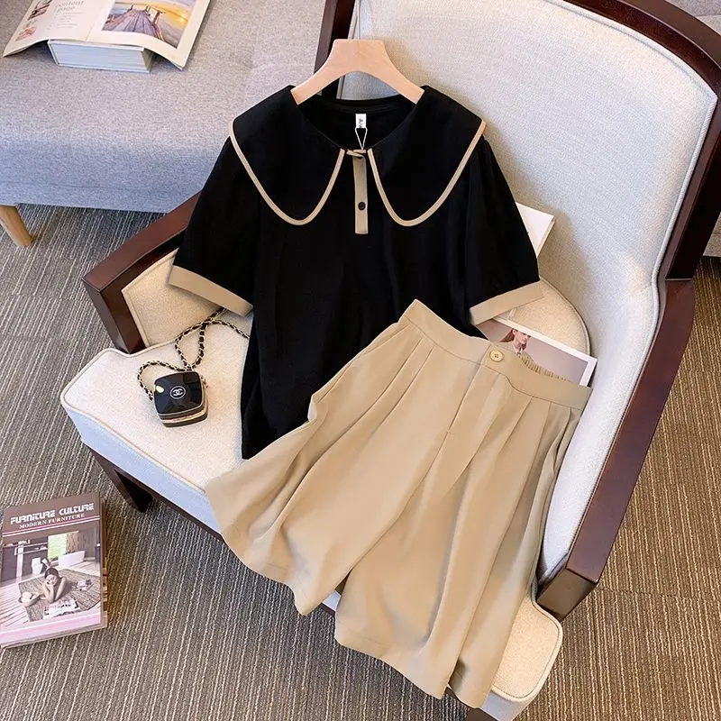 

Женский комплект из двух предметов, свободный черный топ с высокой талией и широкие шорты в Корейском стиле, летний комплект из двух предметов, Женский костюм Q75