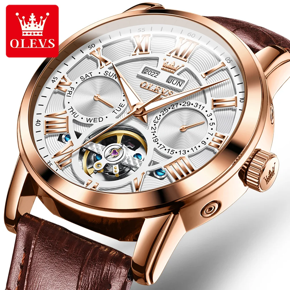 

OLEVS New Mechanical Watch for Men Luxury Leather Waterproof Multifunction Year Month Week Date Automatic Tourbillon Watches Men