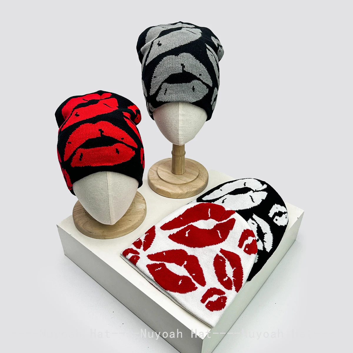 Neue Unisex Vollständig Bedruckte Jacquard-Lippen-Strickmützen Warme Farbblock-Mode Amerikanische Beanies Hip-Hop Vielseitige INS-Mützen