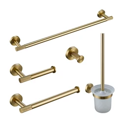 Bathroom Hardware Accessories Set Brushed Gold Knurled Brass Kit Towel Bar Ring Robe Hook Paper Holder Towel Ring Toilet Brush