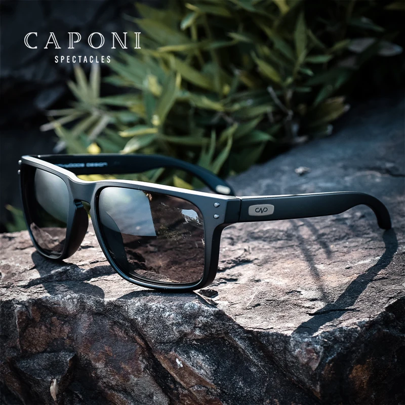 Polarized Sunglasses CAPONI Men Vintage Brand Designer Driving Sun Glasses Photochromic Square TR Frame Black Shades BS9417