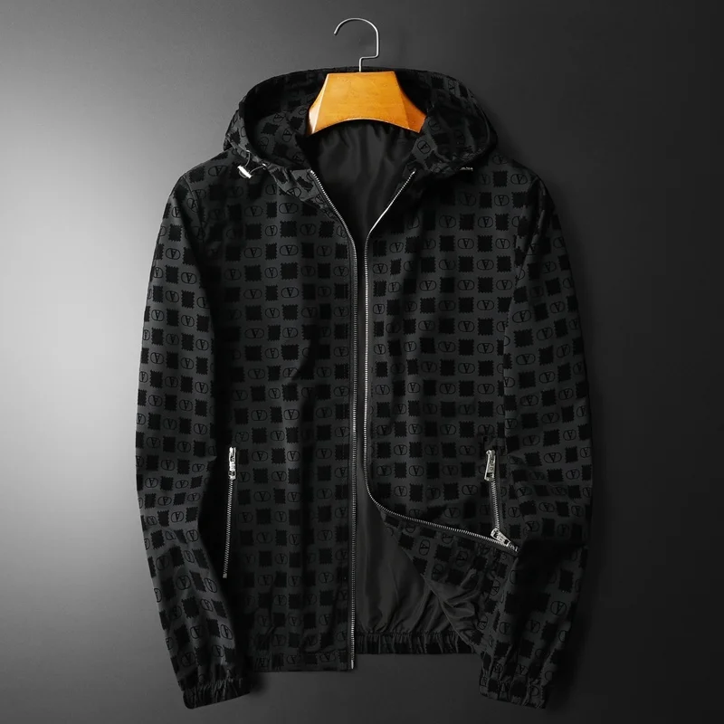 

Spring Autumn Letter Printed Men's Jackets Luxury Solid Color Hooded Zipper Business Man Outerwear & Coats Plus Size 5XL