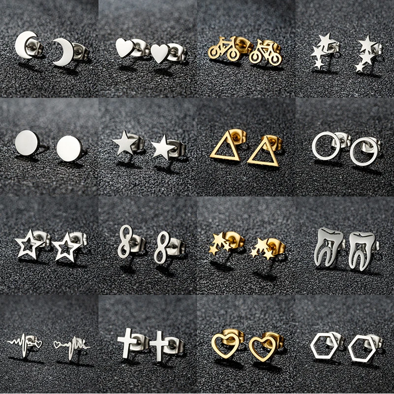 Winzige geometrische Ohrstecker aus Edelstahl für Frauen, minimalistische runde Stern-Mond-Ohrstecker, Kreuz-Herz-Ohrringe, Punk-Pendientes