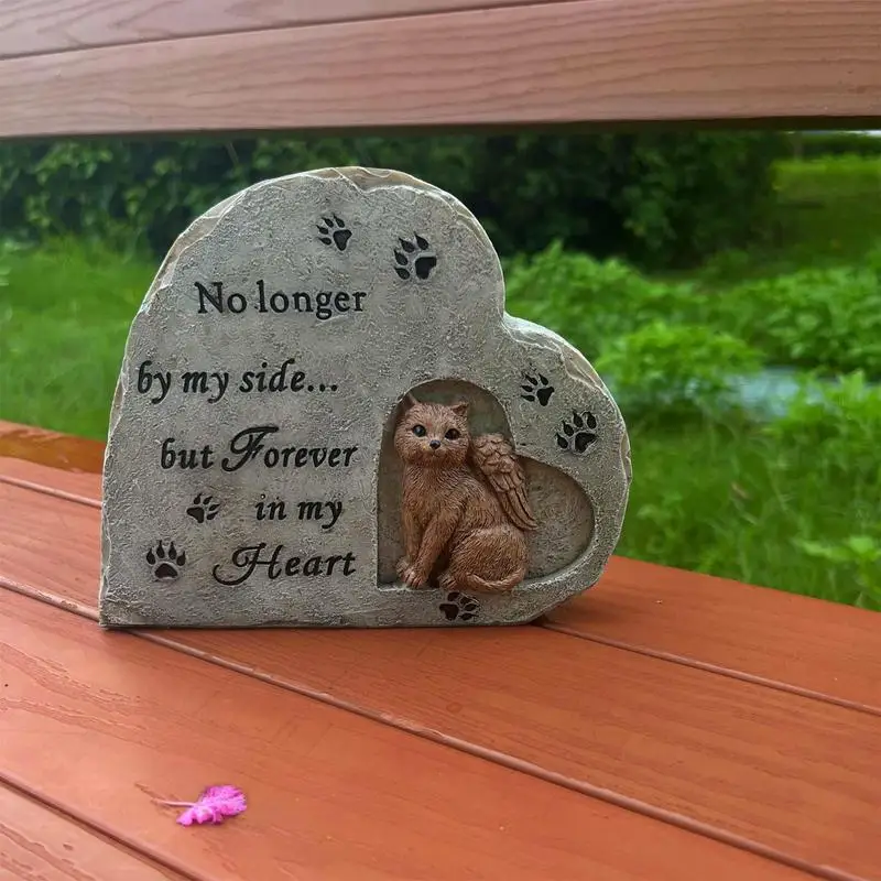 Cat Memorial Stone Cat Angel Memorial Stones Heart Shaped Weatherproof Grave Markers Outdoor Resin Gifts For