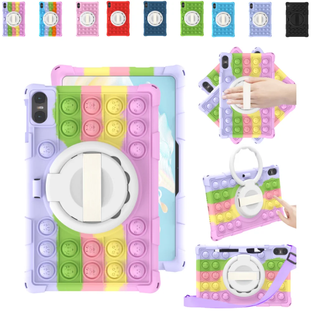 Kids Shockproof Silicone Cartoon Case with Decompression Bubbles, Shoulder Strap & Pen Holder