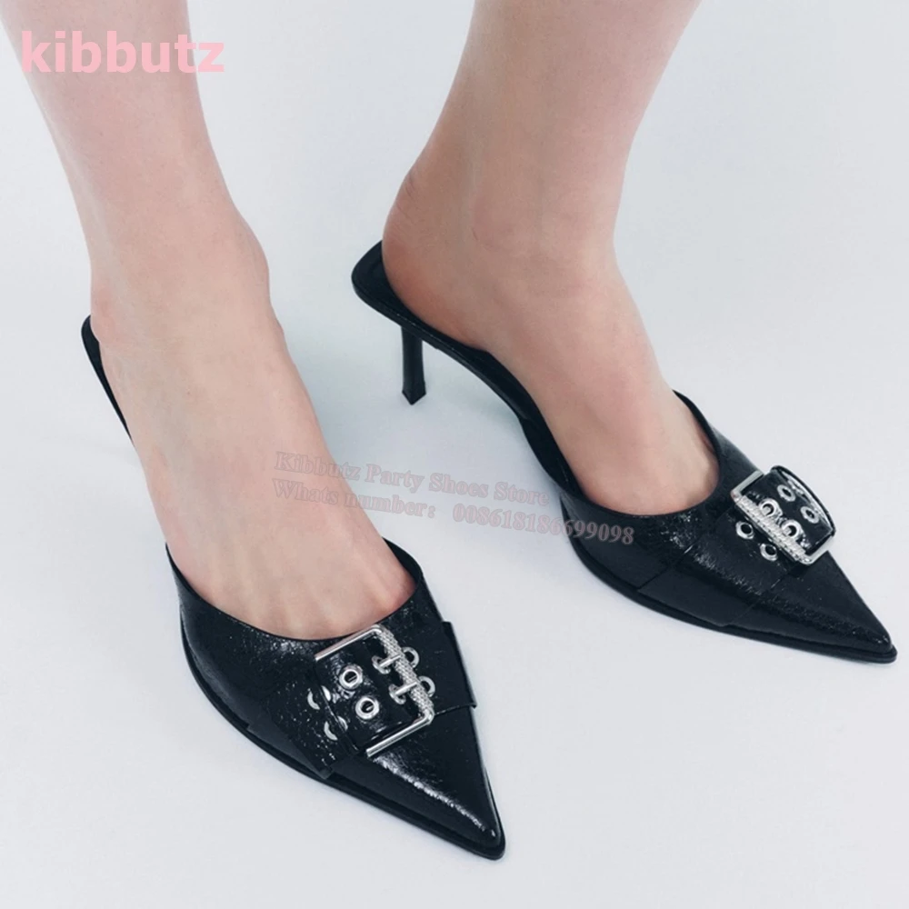 

Belt Buckles Slippers Genuine Leather Solid Color Slip-On Pointed Toe Thin Heels Fashion Luxury Sexy Concise Women Shoes Newest