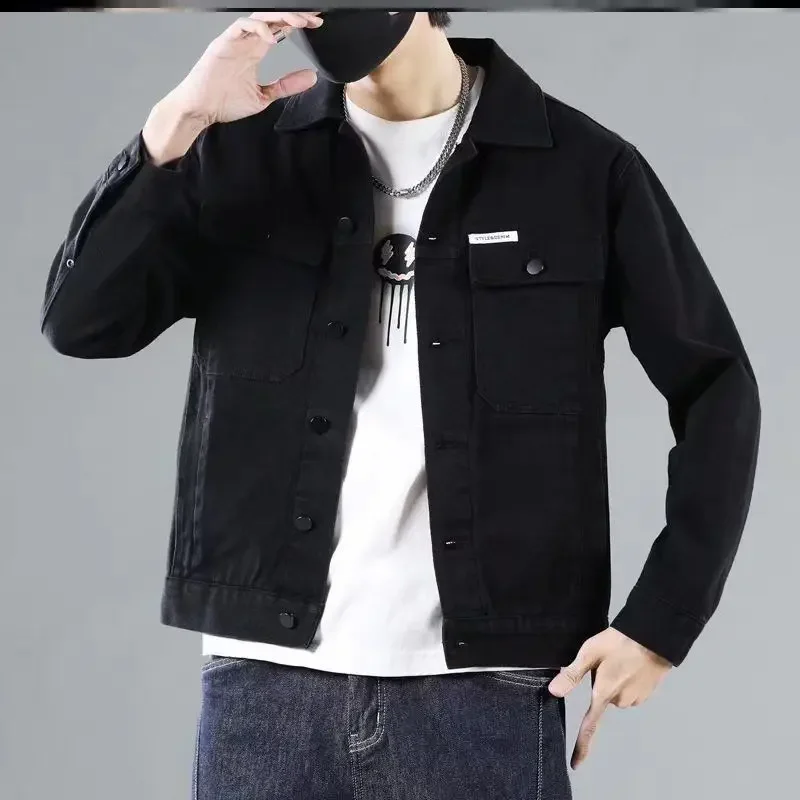 thumbnail image 1 of Chaqueta vaquera negra con botones para hombre, abrigo vaquero de otoño para hombre, ropa Rock on Board color caqui, invierno 2024, diseño estético, talla grande, 1 of 4