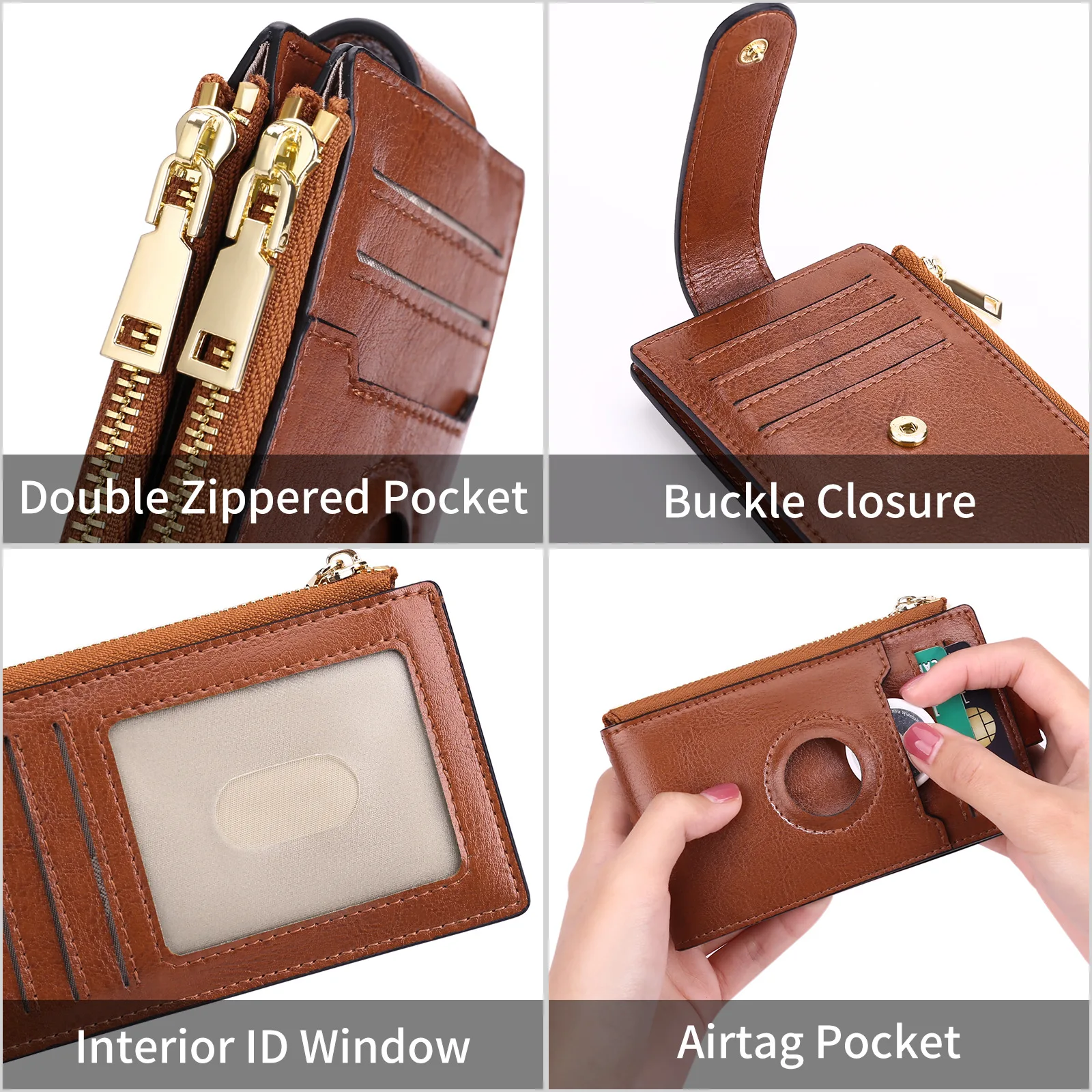 2023 Leather Ladies AirTag Tracker Large Capacity ID Credit Card Holder Zipper Coin Purses RFID Anti-theft Brush Dollar Clip