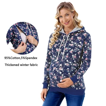 Maternity Clothes Printing Hoodied Winter Thermal Long Sleeve Breastfeeding Nursing Sweater for Postpartum Women Lactation Tops