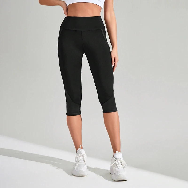 Mesh High Waist Yoga Pants Capri Leggings with Pockets for Women Tummy Control Workout Capri Leggings for Women sports leggings yoga pants
