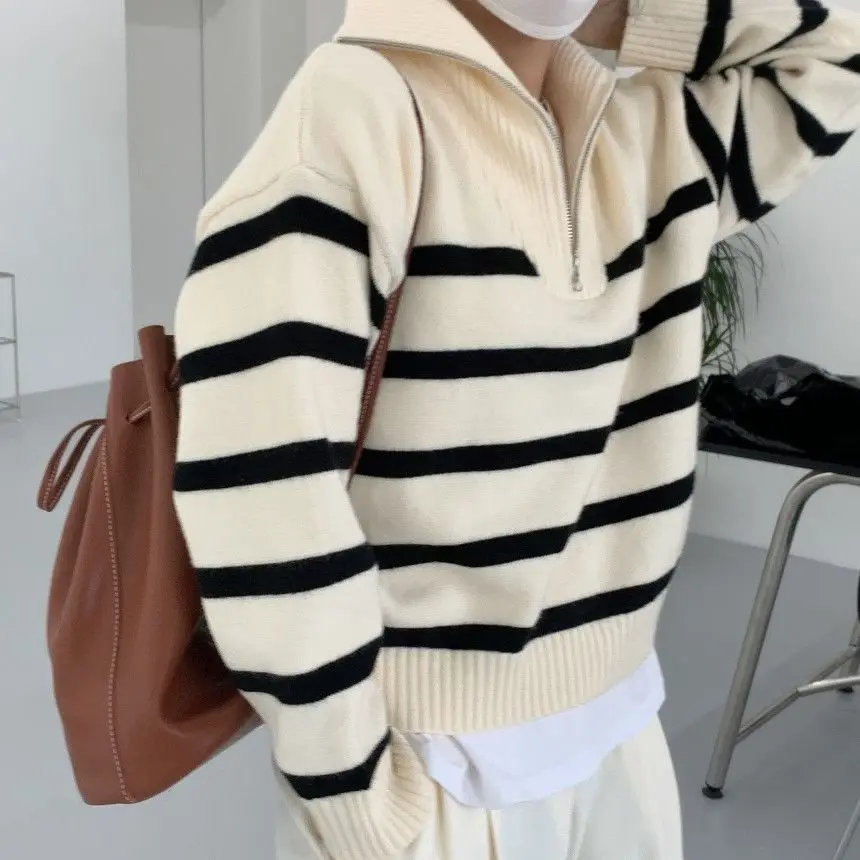 Women Sweater Oversize Zipper Knitted Pullover Long Sleeve Stripe Loose Ladies Sweaters Autumn Winter Women's Turtleneck