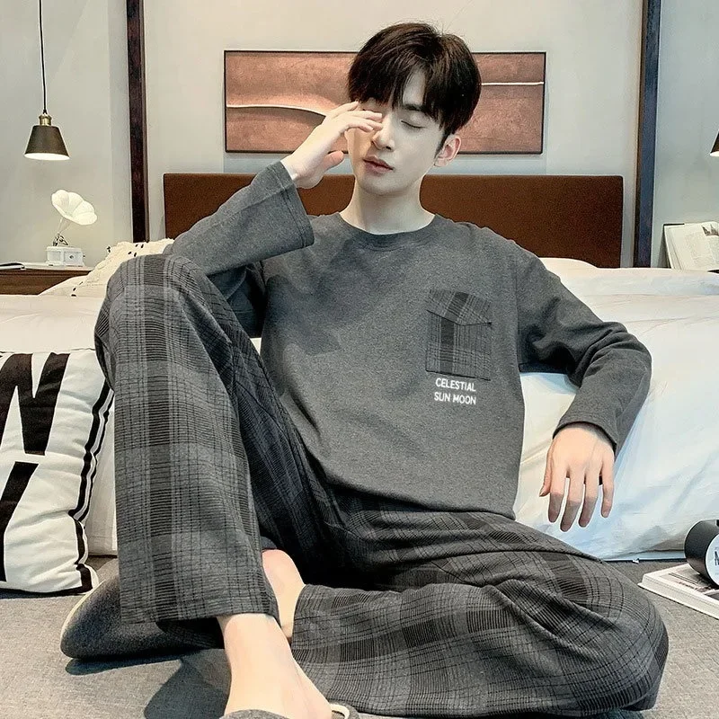Pajamas Set of Men Cotton Long-Sleeved Simple Cartoon Dinosaur Sleepwear Homewear Students Two-Piece Nightwear Loungewear pajama sets