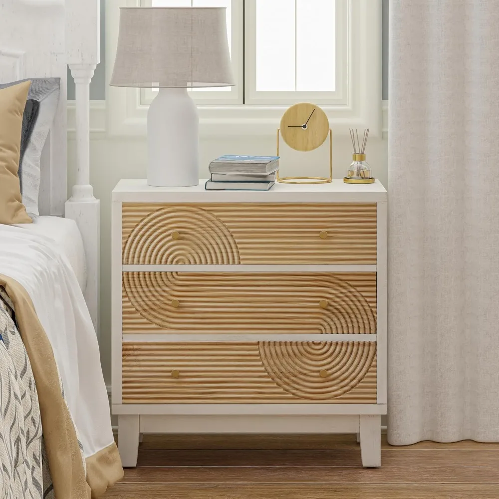 Nightstand 3-Drawer White Dresser X2 with Handicraft Wood Ring, Fully Nightstands Wooden Finish, Nightstand 2
