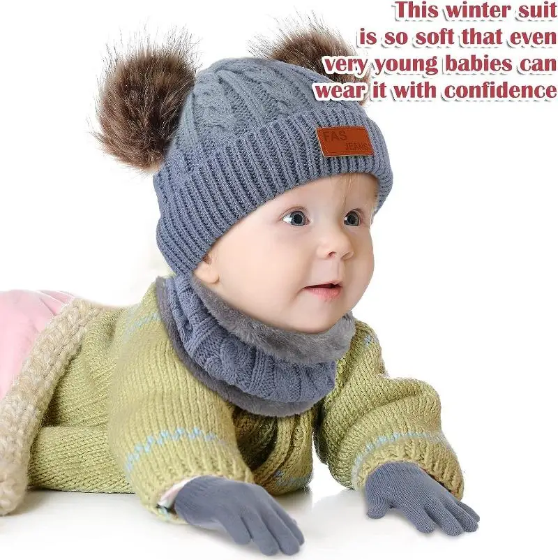3Pcs/Set  Kids Winter Beanie Hat Scarf Gloves Warm Suit For Children 1-8 Years Old Girls Boy Warm Double Pompoms Knited Cap