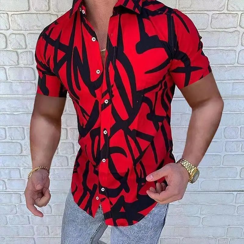 2022 Men's Shirts Summer Slim Fit Short Tops Striped Print Shirt Lapel