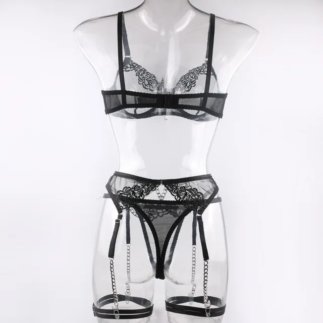 Set Lingerie Sexy In Pizzo - 3 Pezzi, Reggiseno Ferretto, Perizoma E Reggicalze, Bianco