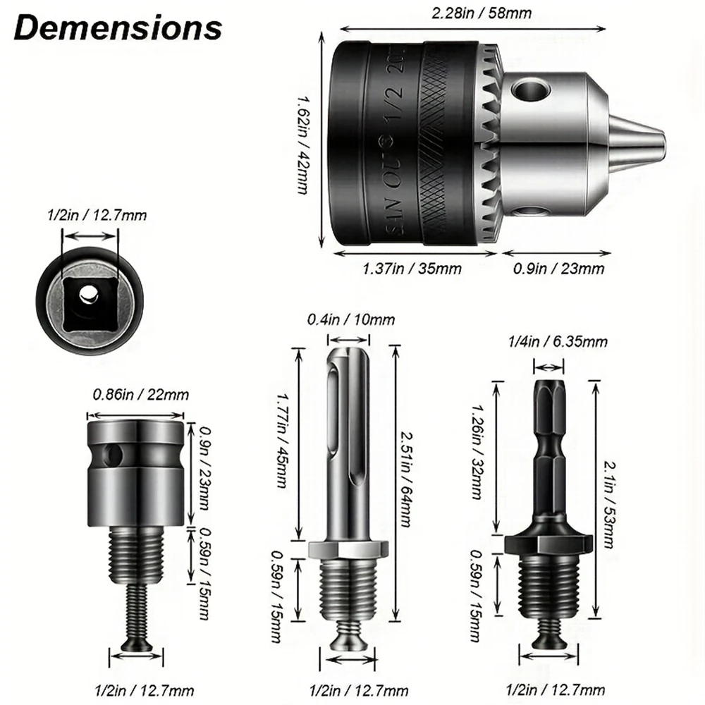 Drill Chuck Adapter 1.5-13mm 1/2-20UNF Mount Impact Driver Bits Conversion Hex Shank/SDS-Plus Socket Square with Chuck Key