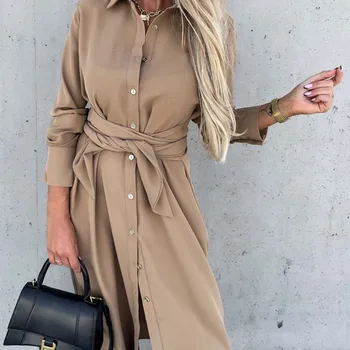 여성용 단색 긴팔 셔츠 드레스, 레이스업 싱글 브레스트 비치 맥시 파티 드레스, 턴다운 칼라 스플릿 새시 드레스, S ~ 3XL