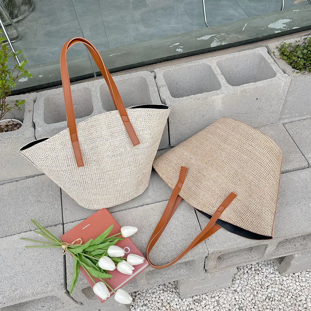 Women Shopping Tote Bag Fashion Simple Straw Shoulder Bag Handmade Rattan Woven Beach Purse Female Shoulder Portable Basket Bags