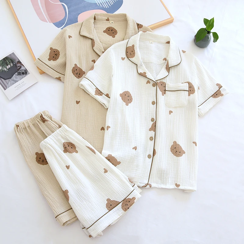 Summer Couple Pure Cotton Bear Love Cute Pajamas Set Sleepwear Female Short-Sleeved Pijama Suit Loungewear Crepe Ladies Pyjama, women pajamas set,women pajama suit,cotton pajamas set