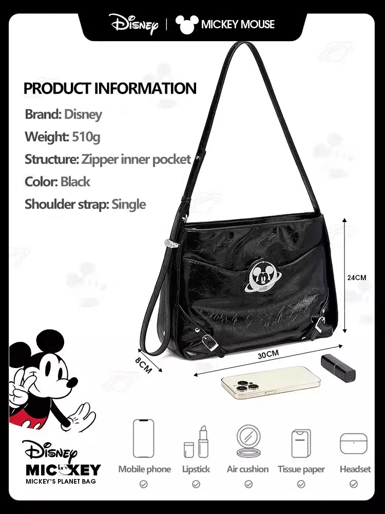 Disney Black Mickey Planet Tote Pack Large Capacity Crossbody Shoulder Bag For Women Brand Premium Leather Underarm Bag 2
