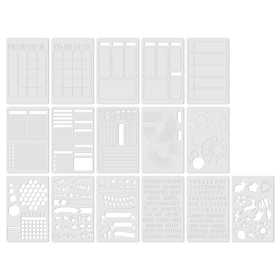 16PCS A5 저널 스텐실 템플릿 7.4 x 4.9 인치 플래너 레이아웃 드로잉 스텐실 노트북 DIY 디자인용