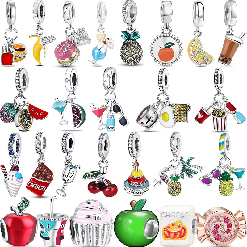 

925 Sterling Silver French fries Ice cream Milk Tea Watermelon Charm bead Fit Original Pandora Bracelet DIY Jewelry For Women