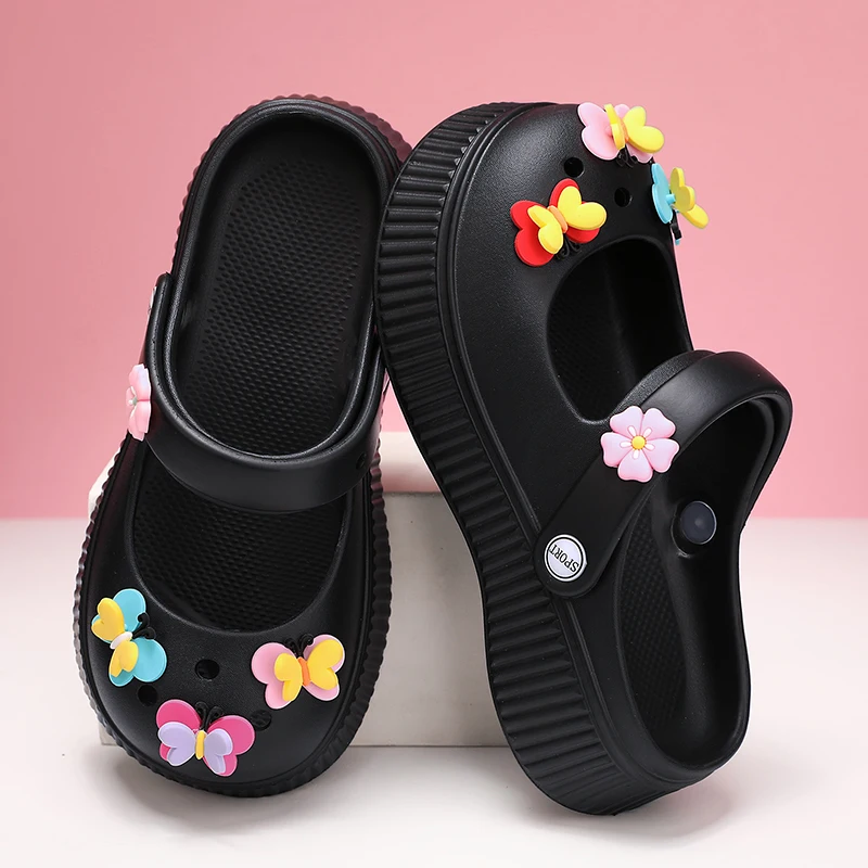 Pink Princess Shoes Girls Lightweight Soft Mary Jane Sandals Summer Kids Garden Shoes Butterfly Decoration Slippers Woman