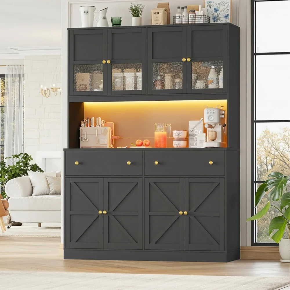71" Pantry Cabinet with LED Light and Charging Station, Farmhouse Kitchen Pantry Cabinet with Microwave Stand, Customized 5