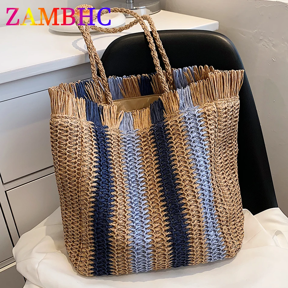 

Large Capacity Women's Straw Shopper Bag Designer Weave Hadle Shoulder Bags for Women 2022 Summer Fashion Stripe Lady Beach Tote
