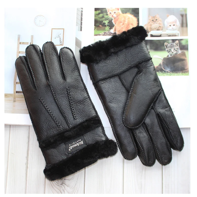 New men's sheepskin fur gloves thickened wool lining warm and cold resistant winter gloves leather