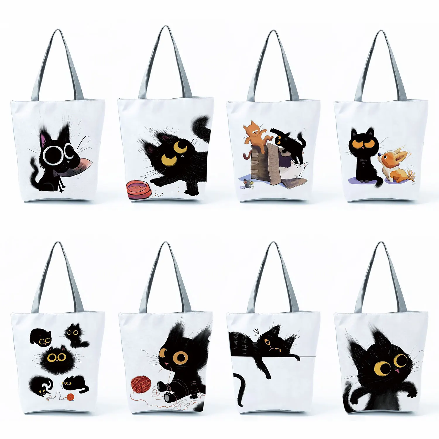 

Cute Tote Bag Animals Black Cat Print Tote Eco Reusable Large Capacity Shopping Bag Daily Foldable Handbag Portable Shoulder Bag