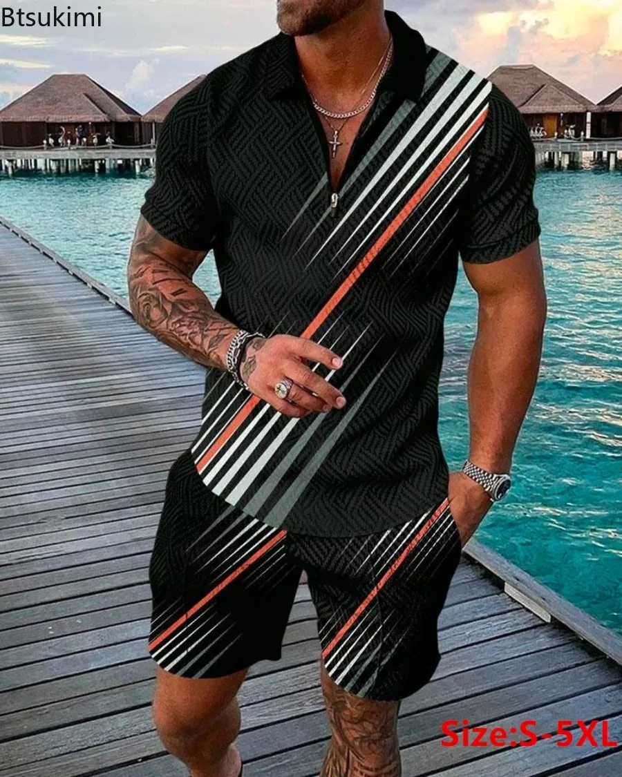 2024 Men's Shorts Sets Short Sleeve Zipper Pullover Street Shorts Two Piece Casual Sportswear Vintage Print Men Summer Sets 5XL