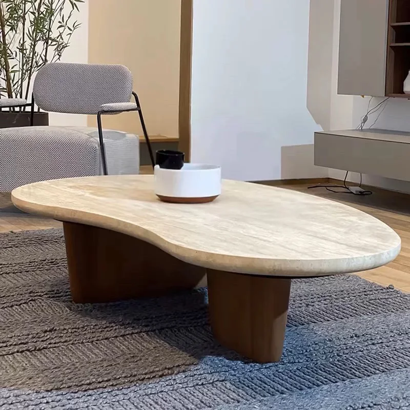 Nodic Natural Stone Solid Wood Leg Coffee Table New Design Luxury Living Room Italian Irregular Coffee Table