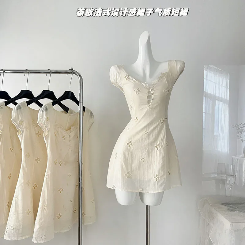 

Women Summer Short Sleeve Dress French Style Retro Party Dress Fashion Casual Solid Color Holiday Dress 2024