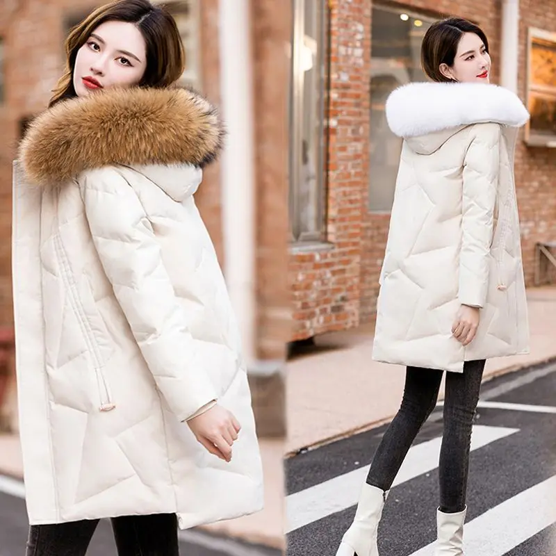 

New Women Down cotton Jacket Winter Mid Length big Fur collar Hooded padded Parkas Middle-aged mom Thick overcoat Female R140