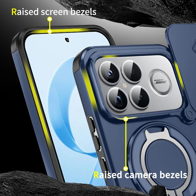 Enhanced Shockproof Hybrid Magnetic Ring Stand Phone Case with Slide Lens Armor Hard Cover