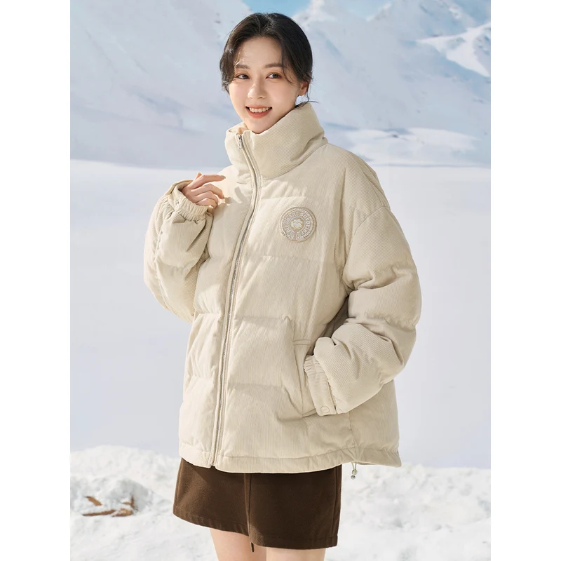 INMAN Women Down Jacket Winter Long Sleeves Stand Collar Loose 90% White Duck Down Coat Embroidery Casual All-match Outwear