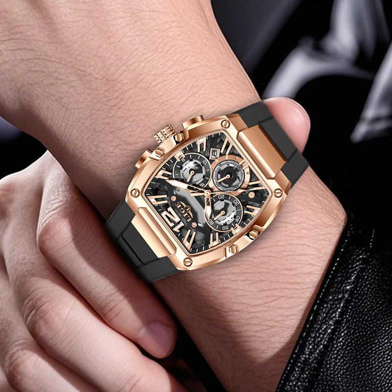 LIGE New Luxury Black Silicone Watch Men Square Big Dial Chronograph Wrist Watches For men Waterproof Military Quartz Men Watch