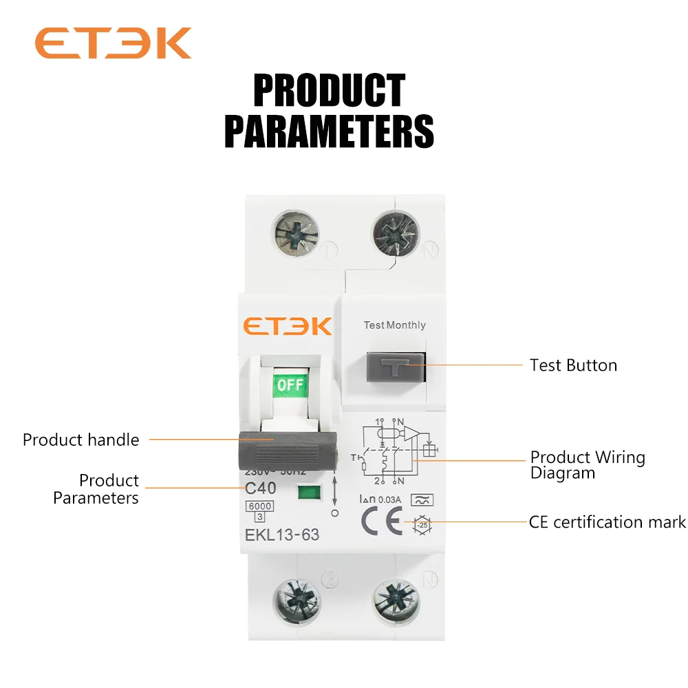 Circuit Breaker ETEK RCBO Type A 1P+N Residual Automatic With Over Current Leakage Protection 6KA 2P DPN 30mA EKL13