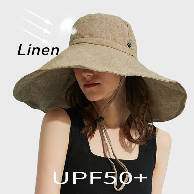 2023 Summer Wide Brim 18cm Linen Sun Hats for Women Uv Protection UPF 50+ Sunshade Foldable Bucket Hat Beach Outing Panama 1