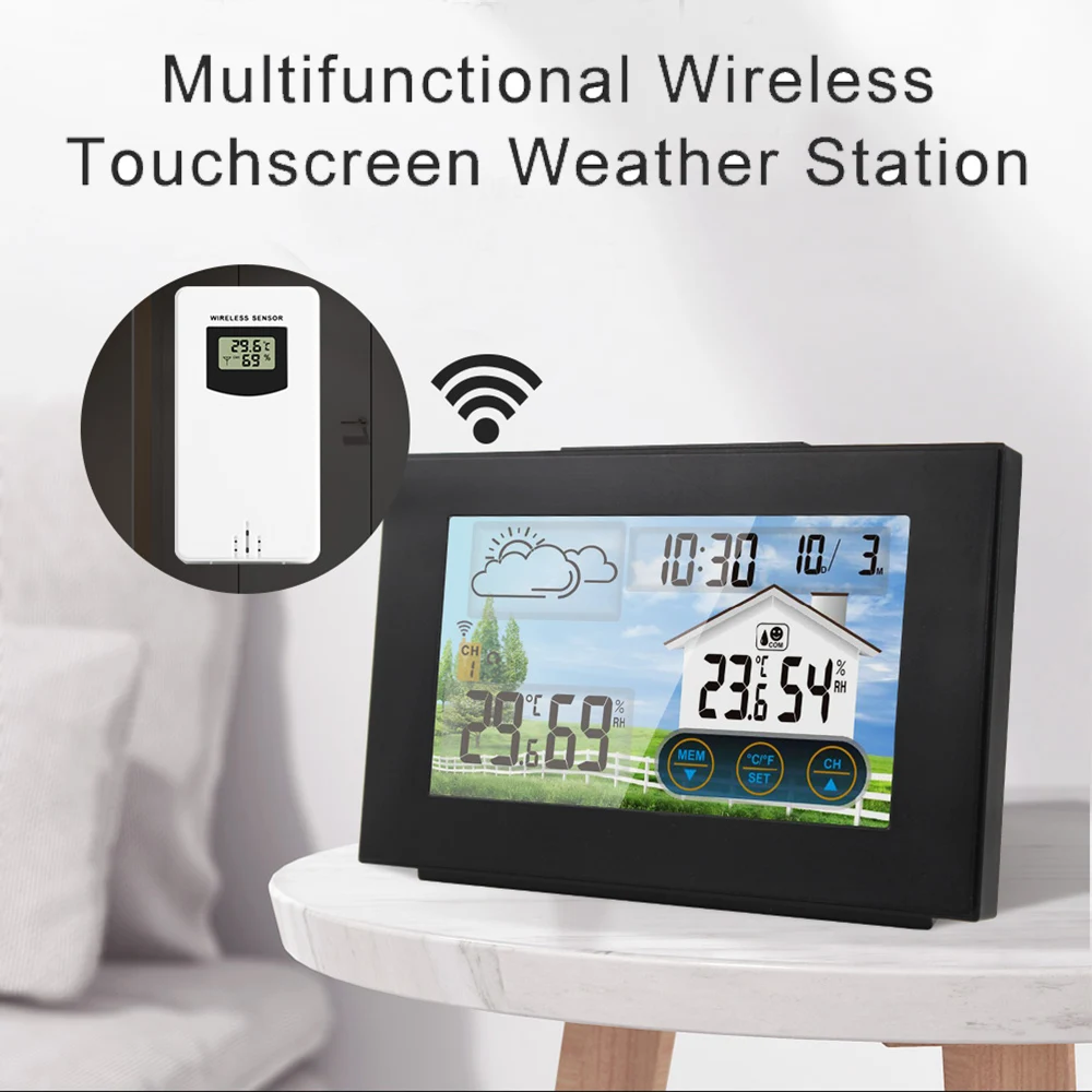 

Wireless Weather Station Forecaster Indoor Outdoor Thermometer Hygrometer with Sensor Color Touch Screen Alarm Clock Calendar