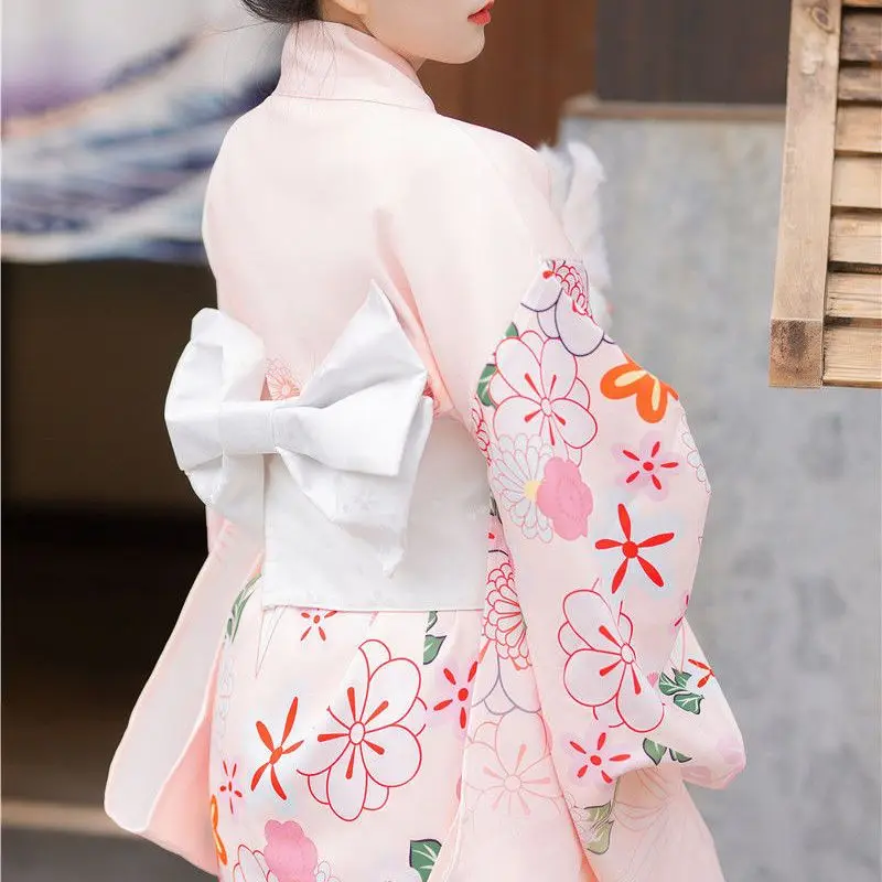 

Fashion National Trends Women Sexy Pink Kimono Yukata With Obi Novelty Evening Dress Japanese Cosplay Costume Floral One Size