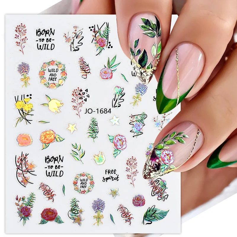 1PC Palm Flowers Leaves 3D Nail Stickers Self-Adhesive Nail Art Decorations Geometry Leaf Decals
