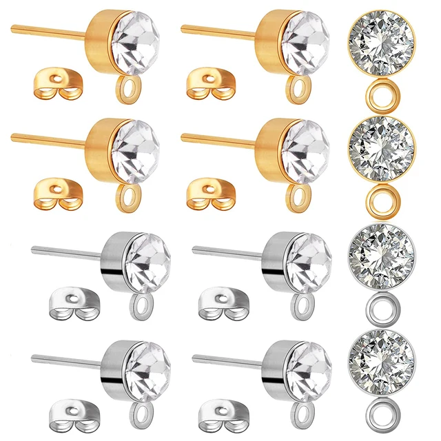 50pcs 5mm Rhinestone Earring Studs Hypoallergenic Ear Posts with Loop and 50pcs Ear Plug Earring Backs for DIY Jewelry Making